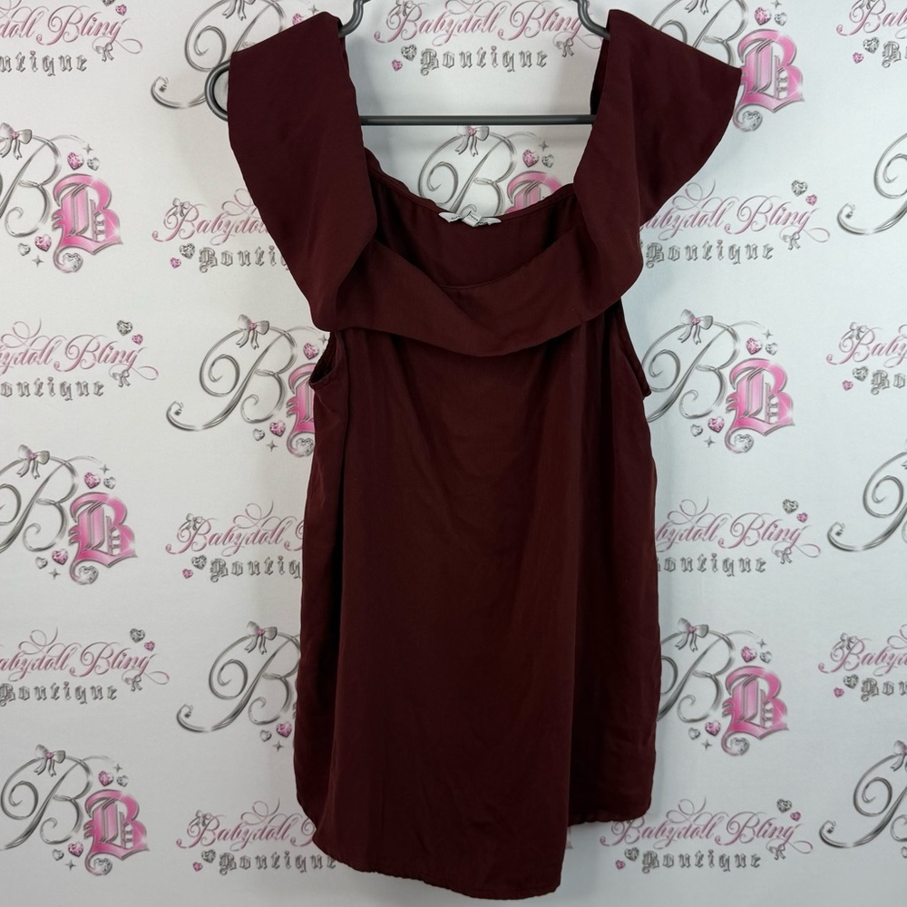 Naked Zebra top shirt ruffle frill detail dark red orange Burgundy flowy